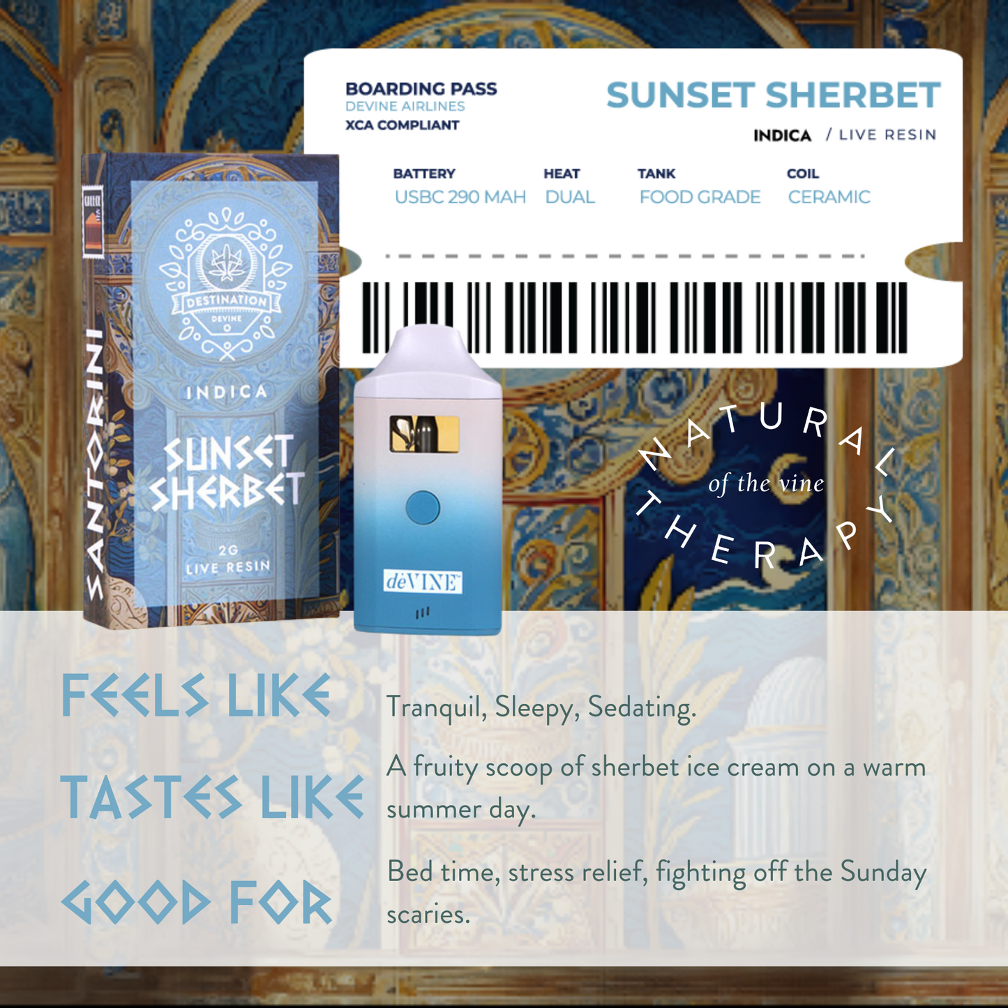 A deVINE Destinations Live Resin THC Disposable by DeVINE Wellness in blue and white packaging, labeled Sunset Sherbet, sits next to a vape and boarding pass, evoking travel with tranquil, sedating effects and a sherbet ice cream flavor.