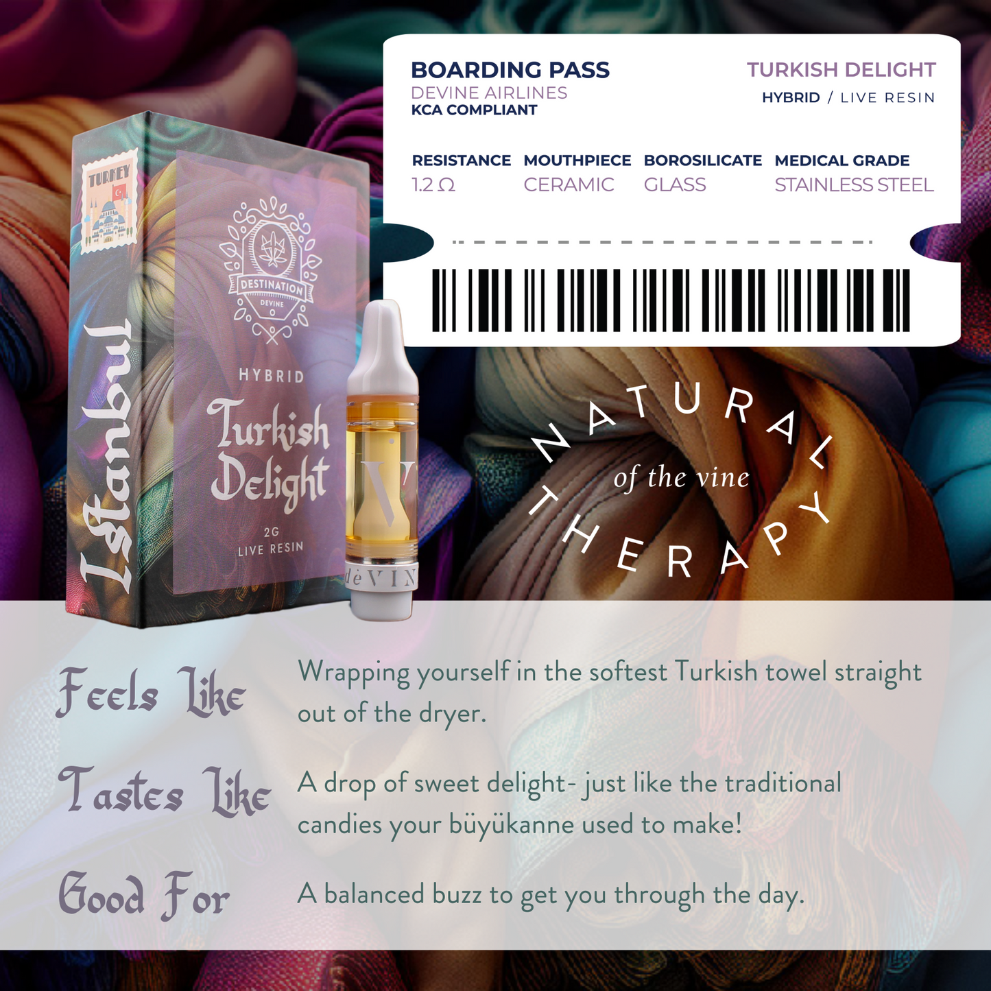 An ad for DeVINE Destinations Live Resin THC Cartridge by DeVINE Wellness displays a box, THC vape cartridge, boarding pass, and swirling fabric. Text highlights its hybrid type, travel-inspired flavor, effects, and benefits as natural therapy.