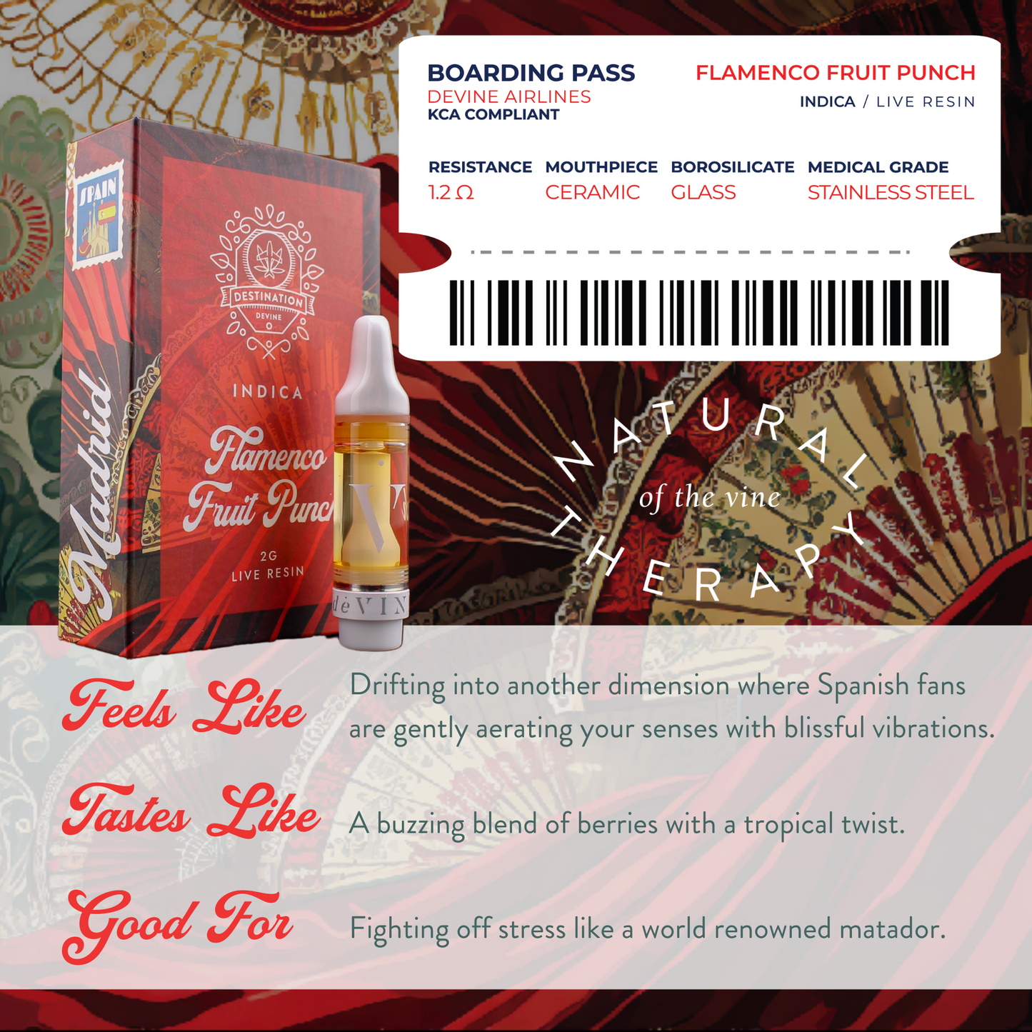 The deVINE Destinations Live Resin THC Cartridge by DeVINE Wellness, shown with its Flamenco Fruit Punch box, sits beside a stylized boarding pass and fan—an indica live resin with fruity flavors, ideal for travel-inspired vaping and relaxation.