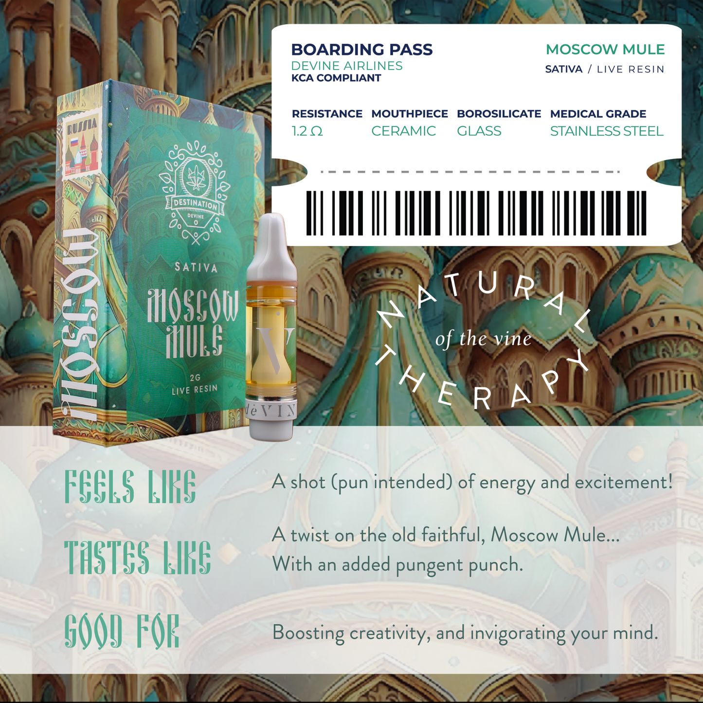 A deVINE Destinations Live Resin THC Cartridge by DeVINE Wellness sits before ornate arches. Its packaging features travel-themed boarding pass art, flavor and effects notes for cannabis connoisseurs, plus a “Natural Therapy” circular emblem.