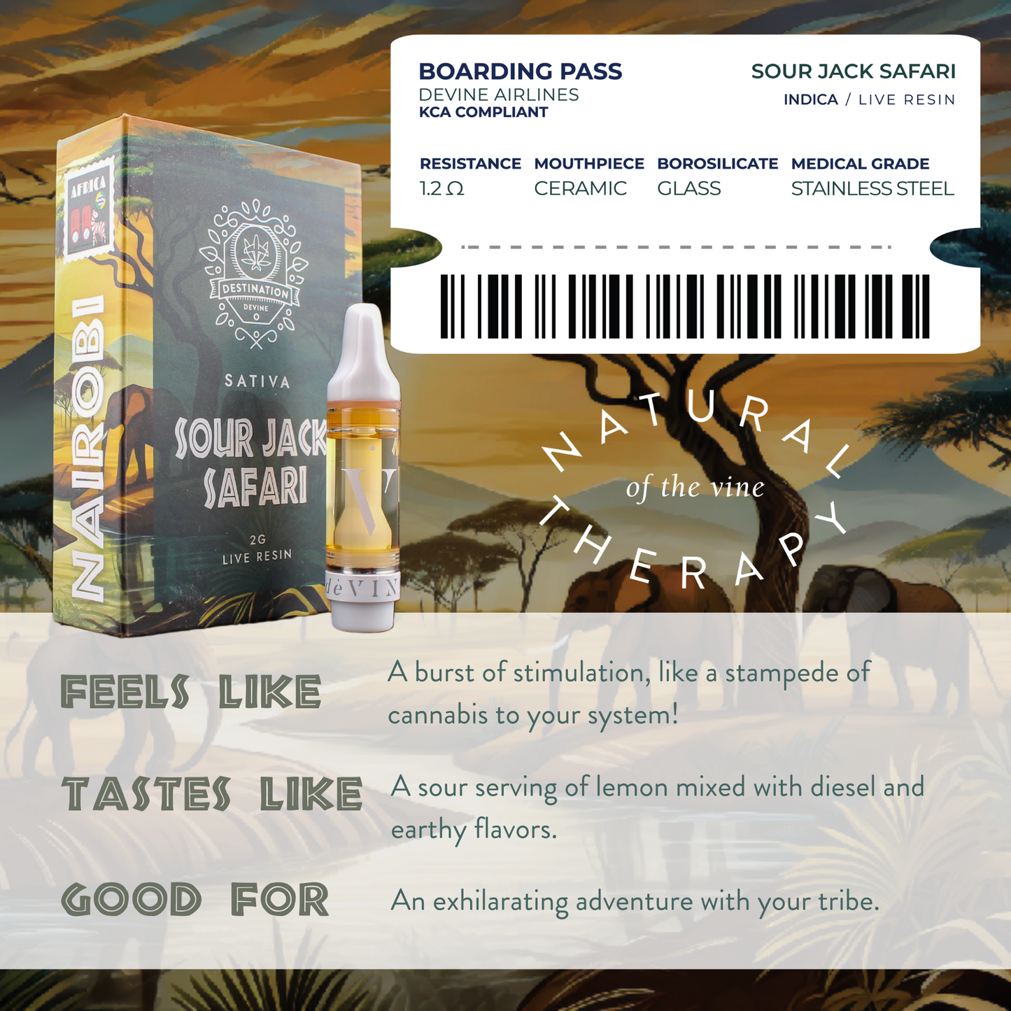 A deVINE Destinations Live Resin THC Cartridge from DeVINE Wellness stands by its box adorned with African savanna art. The backdrop, featuring acacia trees and a boarding pass, highlights travel-inspired vaping details for cannabis enthusiasts.