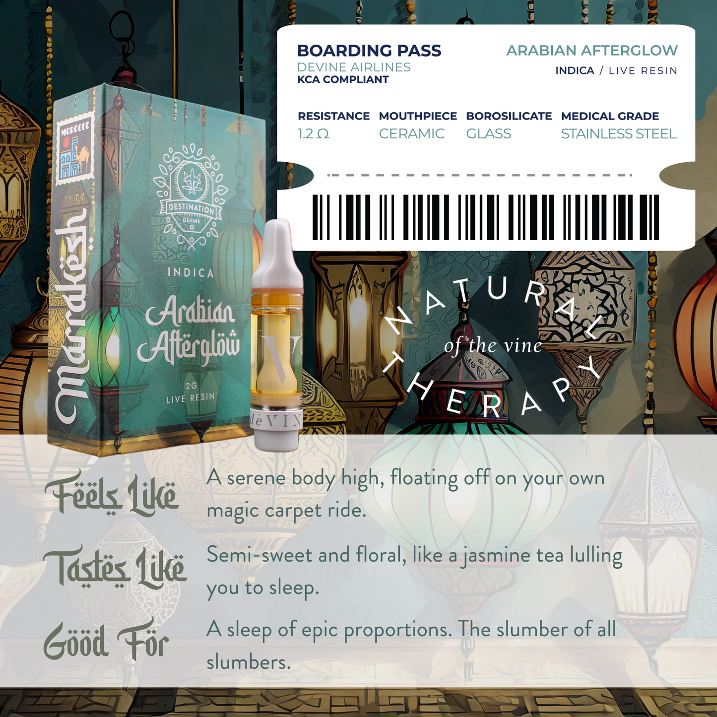 A deVINE Destinations Live Resin THC Cartridge by DeVINE Wellness is displayed with package and boarding pass design, detailed info, and tasting notes—ideal for cannabis connoisseurs craving travel-themed vaping in a cozy room.