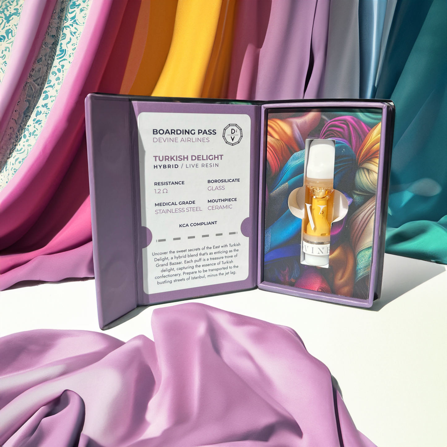 The deVINE Destinations Live Resin THC Cartridge by DeVINE Wellness comes in a purple, travel-themed boarding pass box with product features and the hybrid strain—ideal for cannabis connoisseurs on the go.