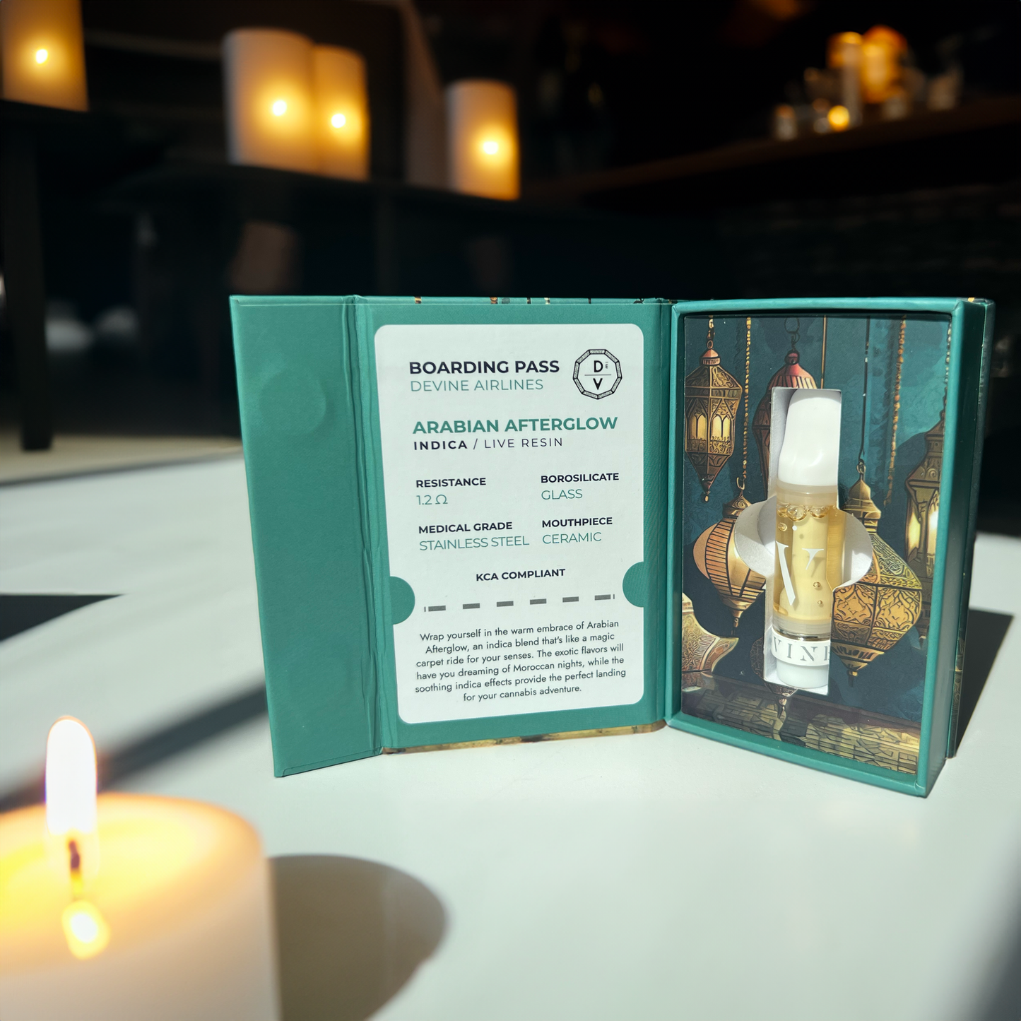 A green box reveals a deVINE Destinations Live Resin THC Cartridge by DeVINE Wellness, with an info card and lantern-themed background. Warm lighting adds an upscale, cozy touch for cannabis connoisseurs.