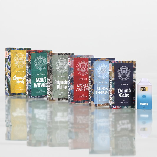 Seven colorful premium DeVINE Wellness vape cartridge boxes, each with a unique strain and design, are displayed beside a sleek white and blue deVINE Destinations Live Resin THC Disposable on a reflective background that highlights their vibrant, travel-inspired appeal.