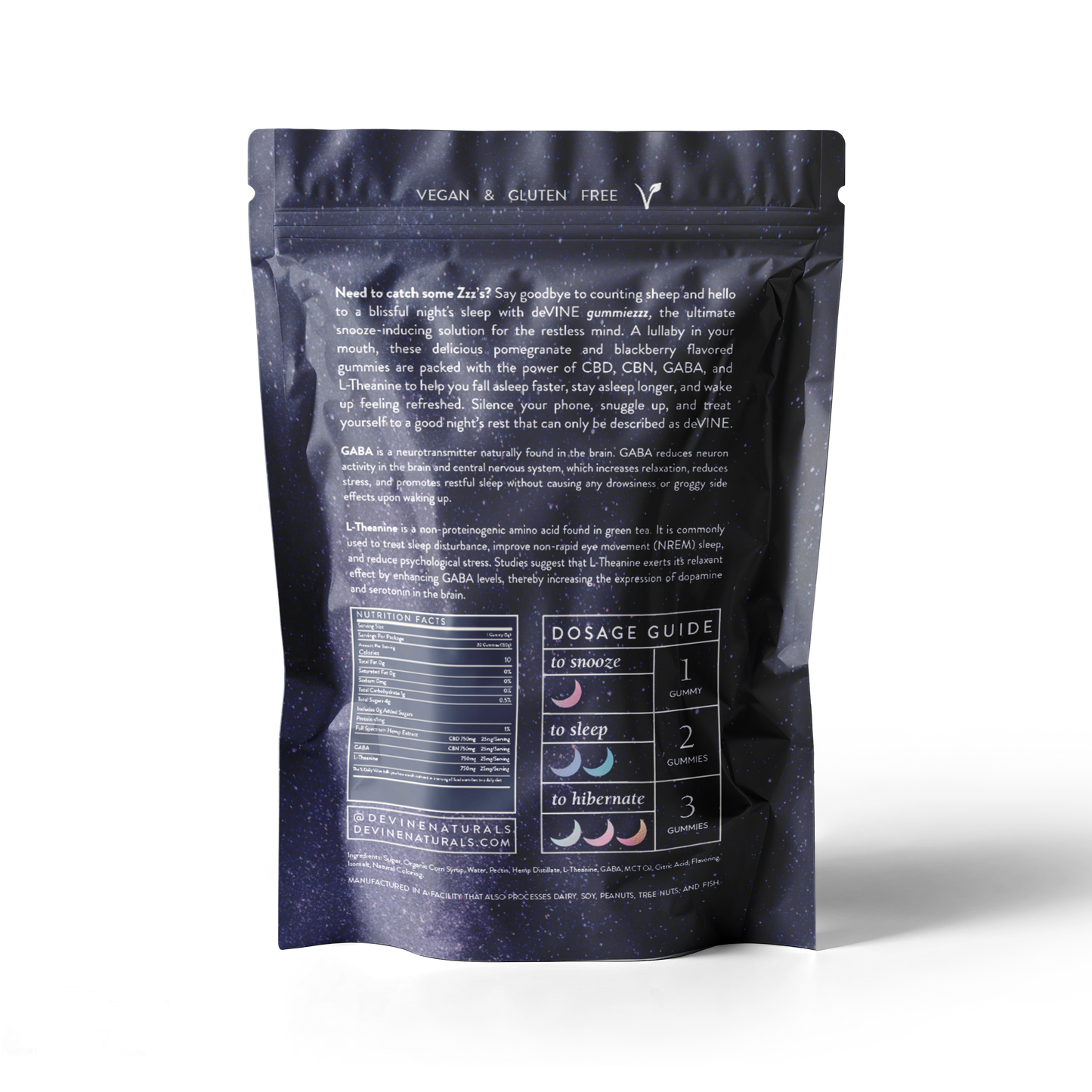 The back of a GummieZzz pouch by DeVINE Wellness features product info, dosage guide, ingredients, and nutrition facts on dark, starry packaging. It highlights that these vegan and gluten-free CBD sleep gummies support restful sleep.