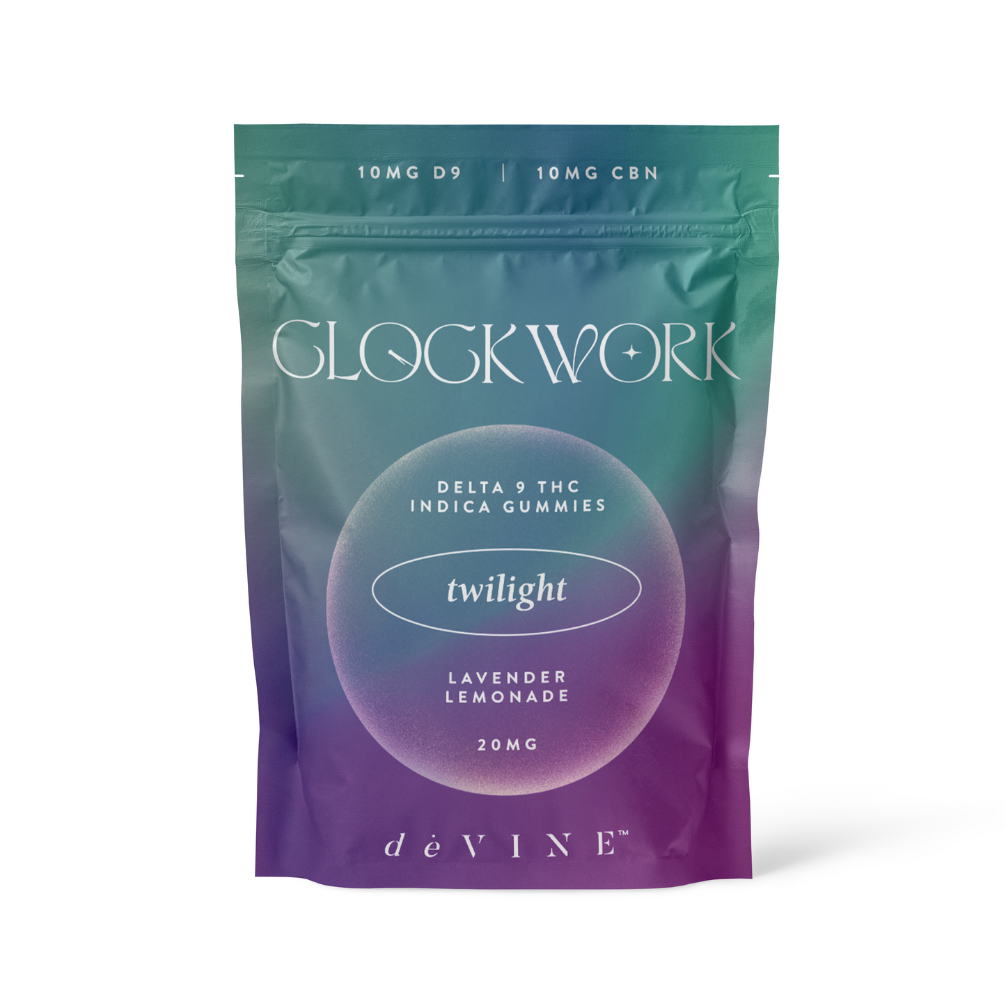 A resealable bag labeled Clockwork- Twilight Indica ∆9 Gummies contains Delta-9 THC indica gummies in lavender lemonade flavor, 20mg each, with gradient green, blue, and purple colors. The DeVINE Wellness brand appears at the bottom.