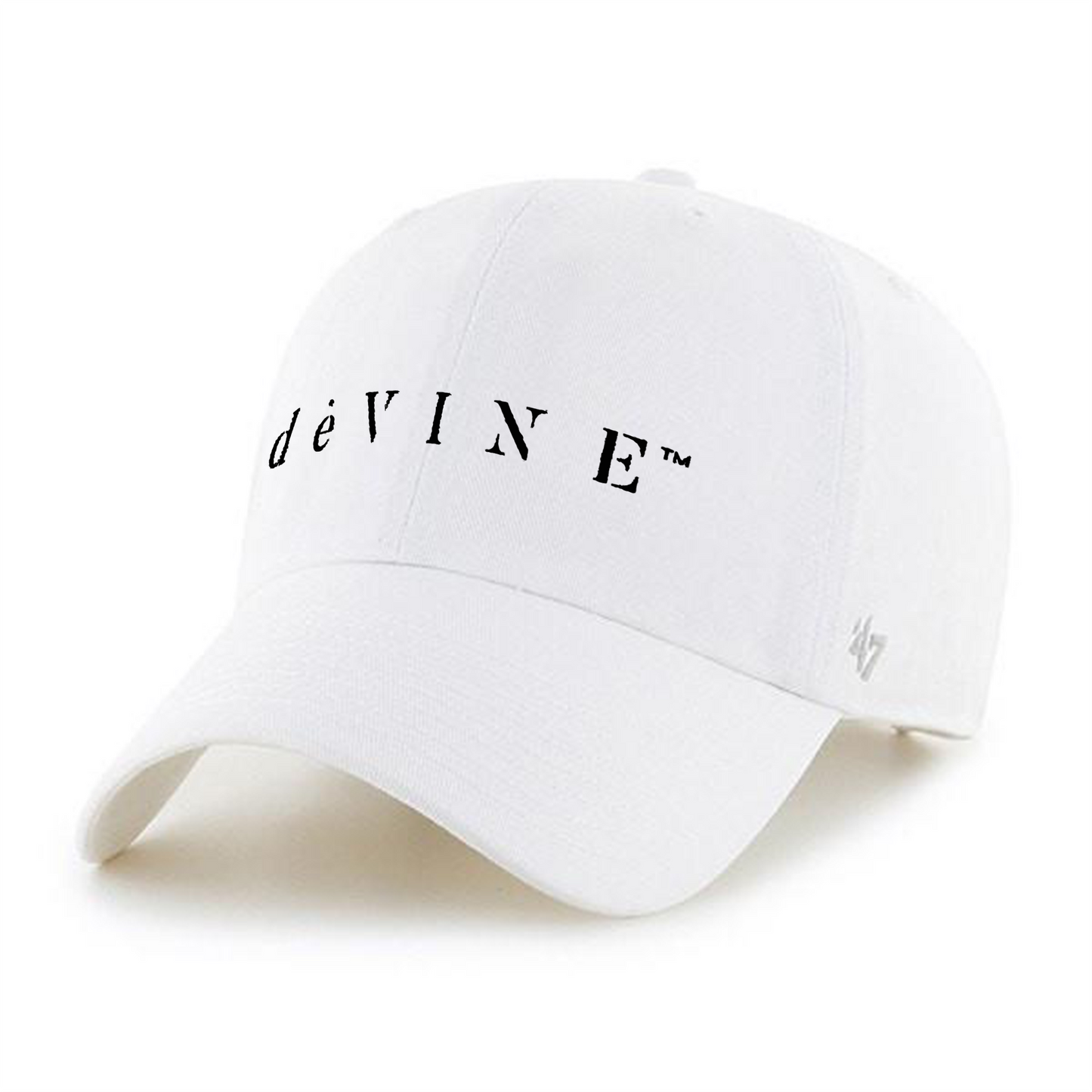 The deVINE Dad Hat by DeVINE Wellness is a plain white cap with dÉVINE™ printed in black, stylized letters on the front, featuring a classic curved brim and a small 47 logo on the side.